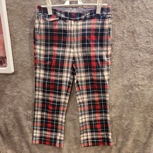 Tommy Hilfiger Sz 6 Preppy Red Navy Plaid Cropped Pants Stretch Women #485‎